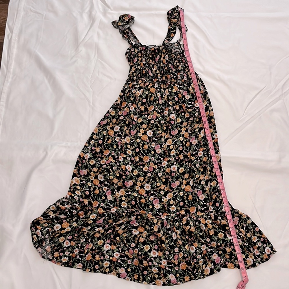 Girls a-line summer dress. Black with flowers. Size 12.